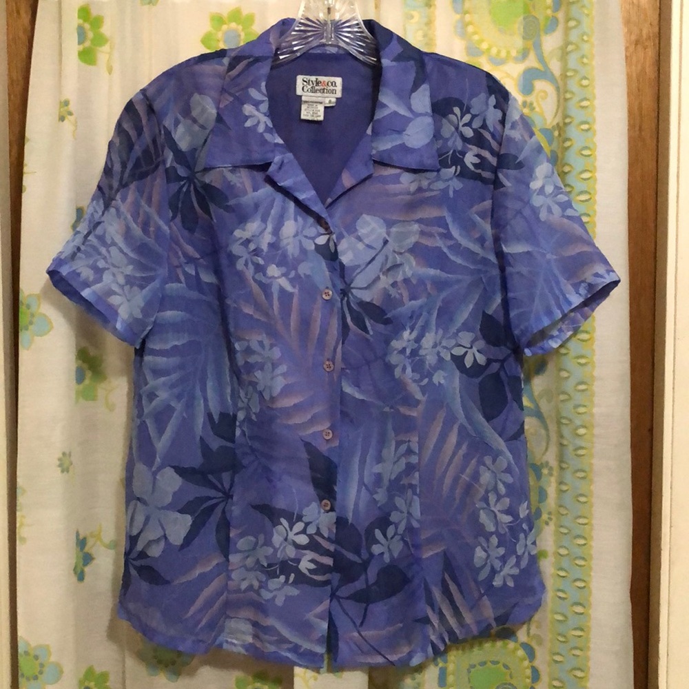 STYLE & Co. Lavender Floral Sheer Lined Short Sleeve Button Down Blouse Size 8